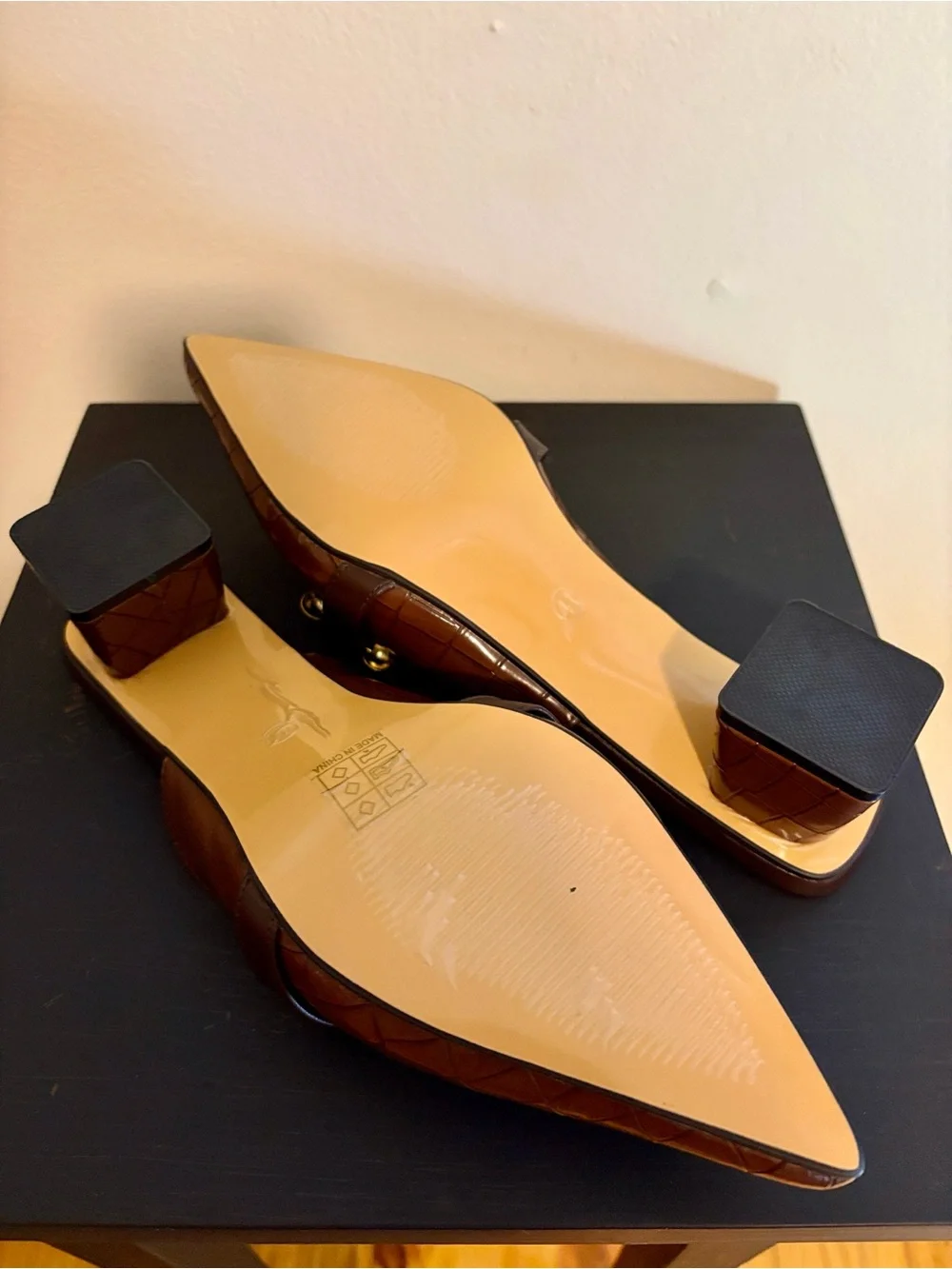 SHEIN Brown Quilted Pointed Mule with Gold Buckle